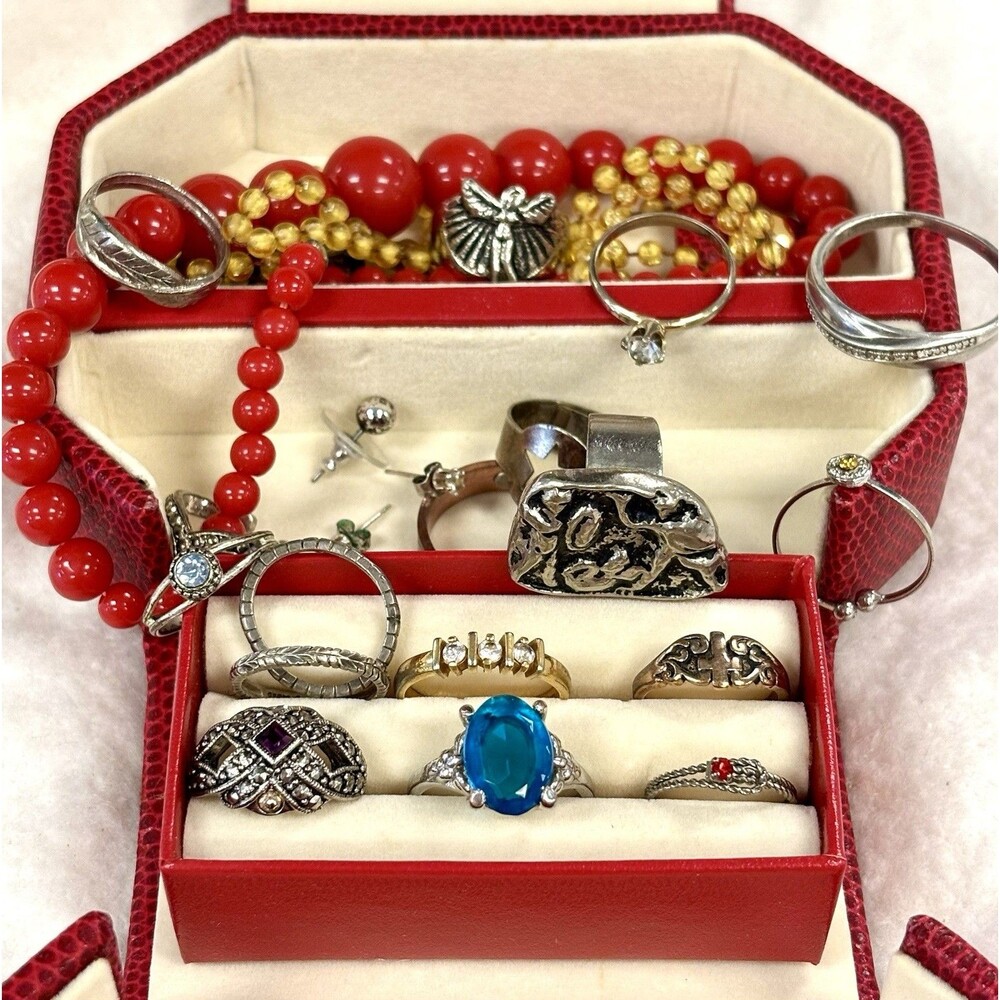 Vintage Estate Jewelry Lot SETA Avon Sterling Rings & More Red Purse-Shaped Case